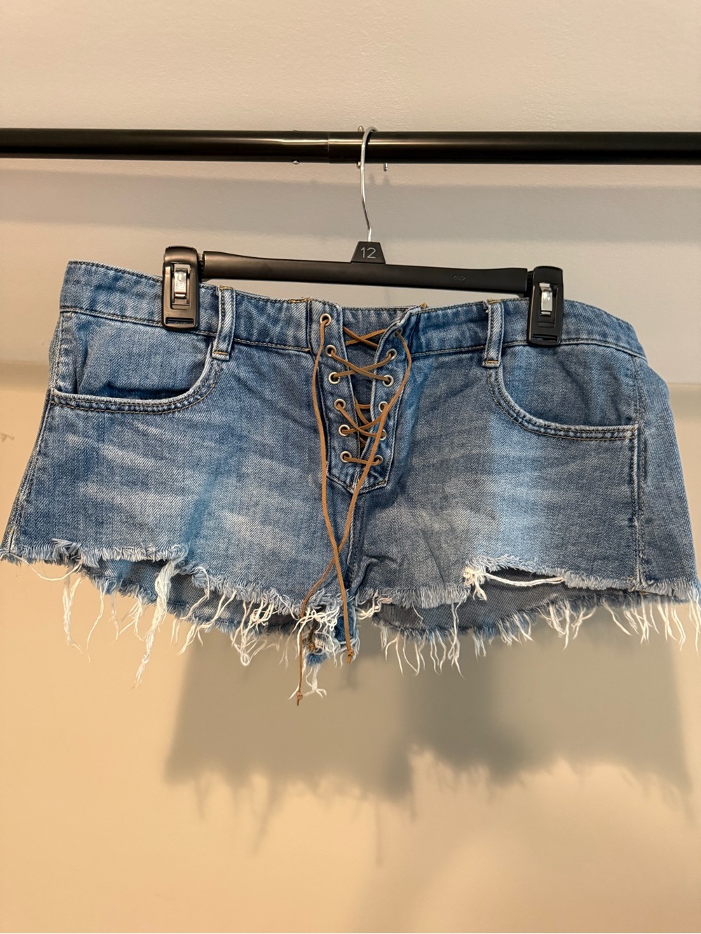 We The Free- Free People Light Blue Lace-Up Frayed Denim Shorts